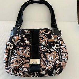Tyler Rodan Black Tan White Floral Paisley Print Zippered Shoulder Bag